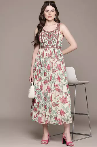 Cream printed chinon dress