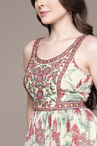 Cream printed chinon dress