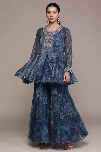 Blue printed chiffon sharara set