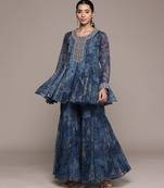 Blue printed chiffon sharara set