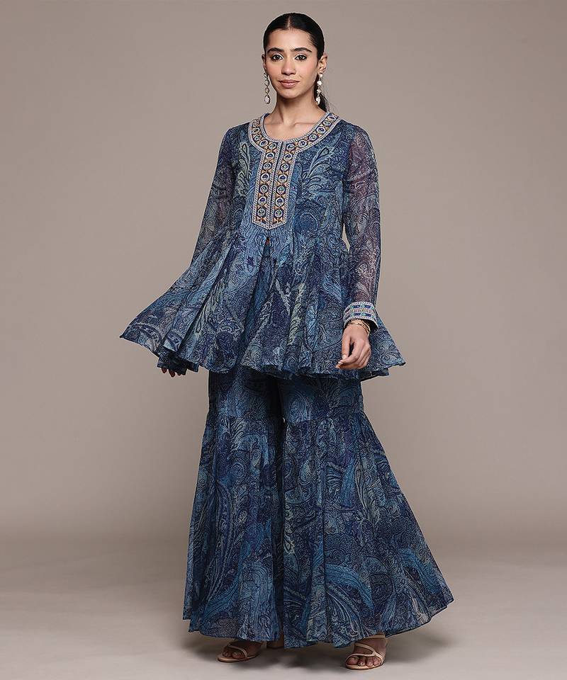 Blue printed chiffon sharara set