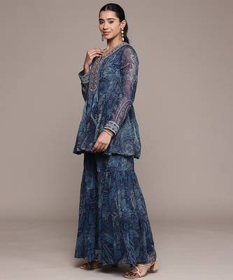 Blue printed chiffon sharara set 2