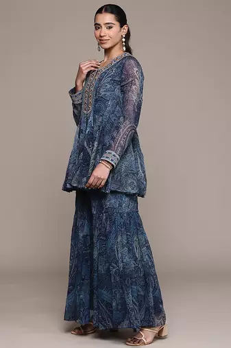 Blue printed chiffon sharara set