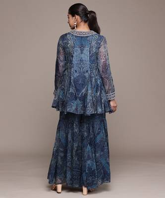 Blue printed chiffon sharara set 3