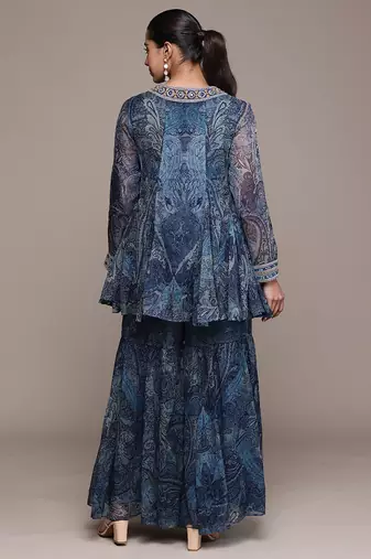 Blue printed chiffon sharara set