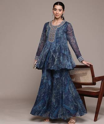 Blue printed chiffon sharara set 4