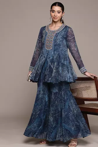 Blue printed chiffon sharara set