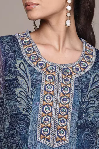 Blue printed chiffon sharara set