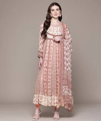 Pink printed chiffon kurta set 1
