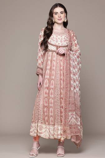 Pink printed chiffon kurta set