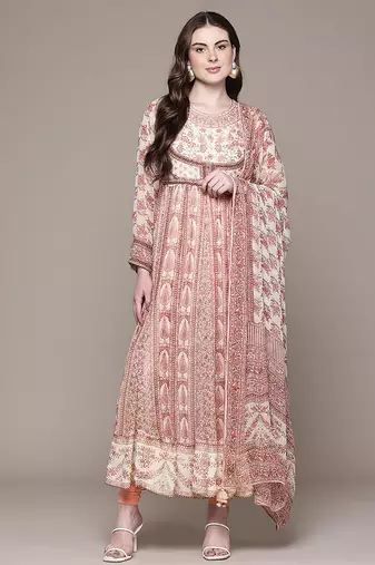 Pink printed chiffon kurta set