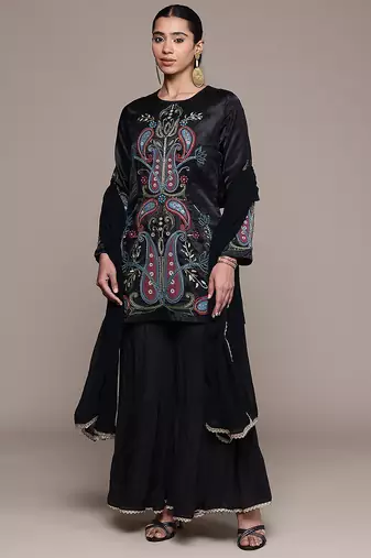 Black embroidered silk sharara set