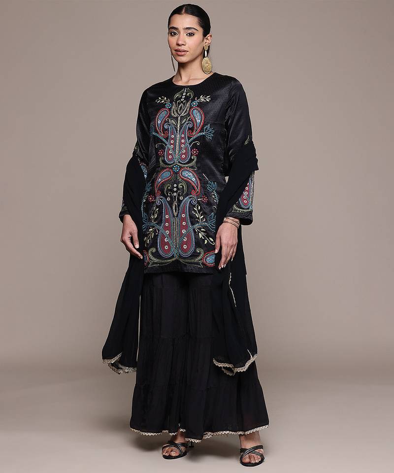 Black embroidered silk sharara set