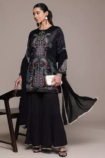 Black embroidered silk sharara set