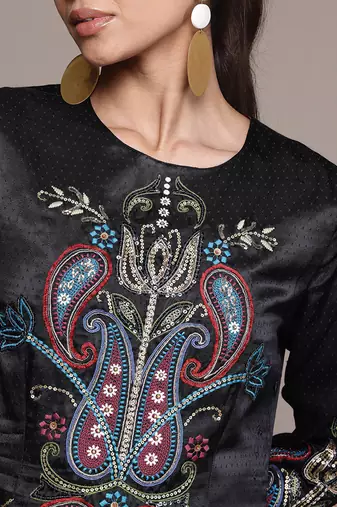 Black embroidered silk sharara set