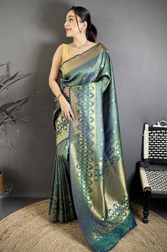 Women rama green checked & floral motifs banarasi soft silk saree