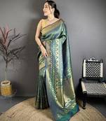 Women rama green checked & floral motifs banarasi soft silk blend saree