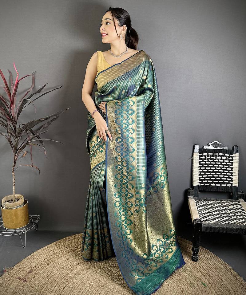 Women rama green checked & floral motifs banarasi soft silk saree