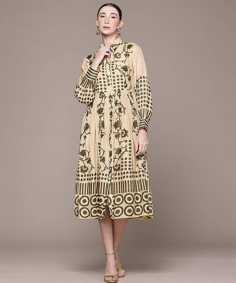 Beige printed viscose dress