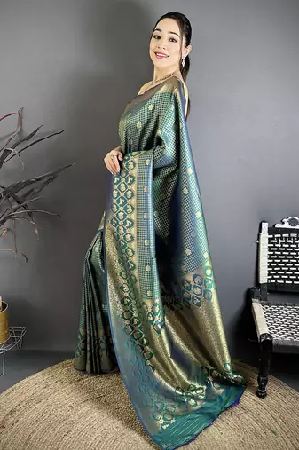 Women rama green checked & floral motifs banarasi soft silk saree