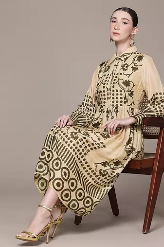 Beige printed viscose dress
