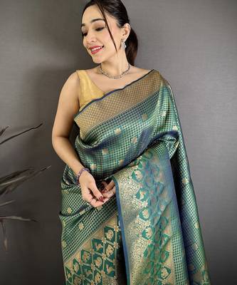Women rama green checked & floral motifs banarasi soft silk blend saree 3