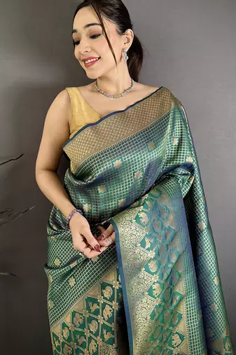 Women rama green checked & floral motifs banarasi soft silk saree