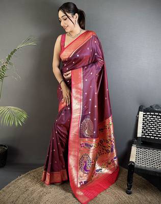 Women wine peacock motifs lichi silk blend saree 1
