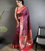 Women wine peacock motifs lichi silk blend saree