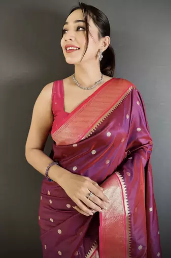 Women wine peacock motifs lichi silk saree