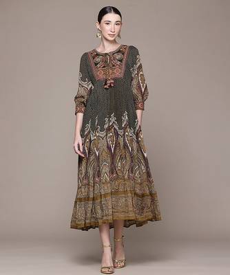 Olive printed chinon dress 1