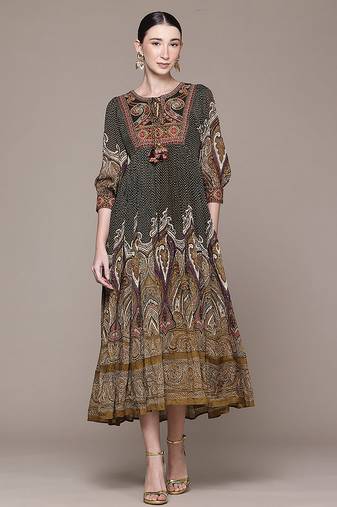 Olive printed chinon dress