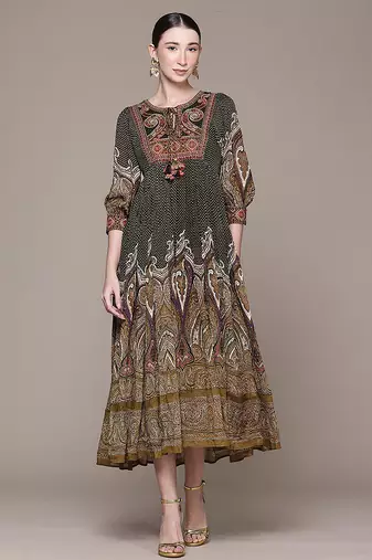 Olive printed chinon dress