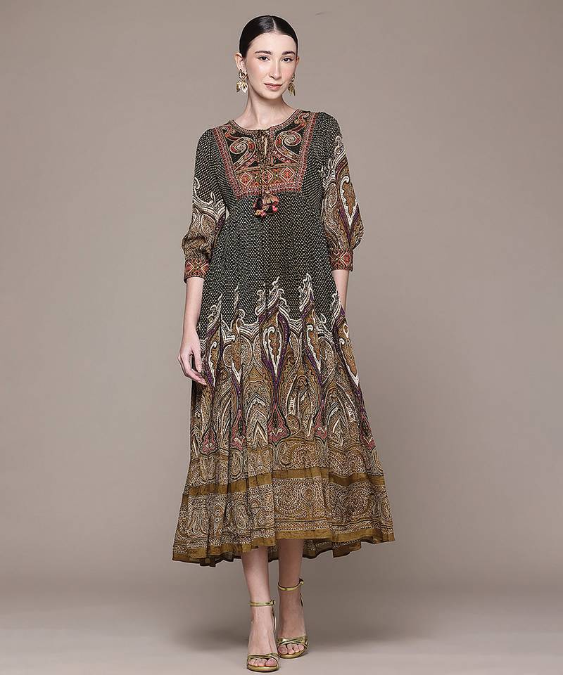 Olive printed chinon dress