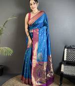 Women yale blue peacock motifs lichi silk blend saree