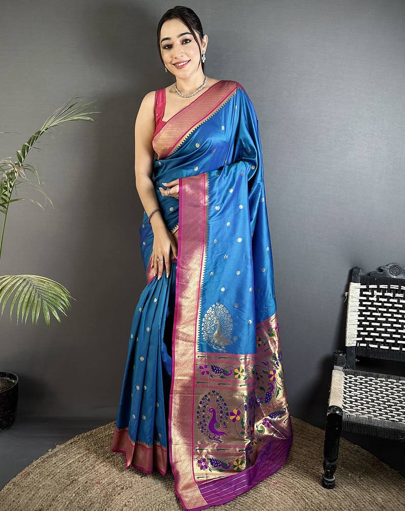 Women yale blue peacock motifs lichi silk saree