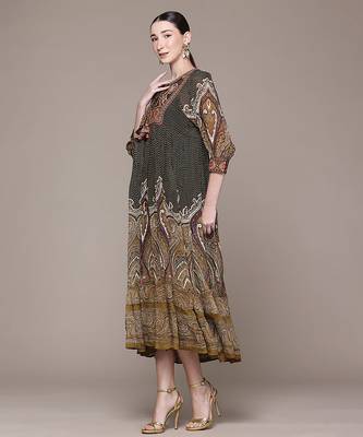 Olive printed chinon dress 2