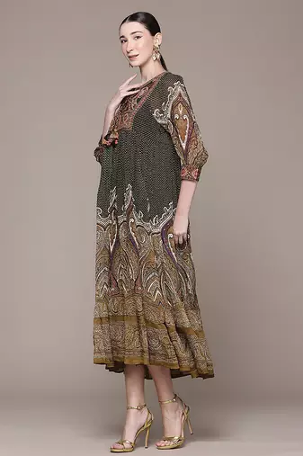 Olive printed chinon dress