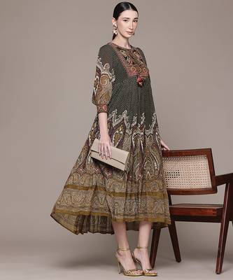 Olive printed chinon dress 4