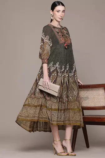 Olive printed chinon dress