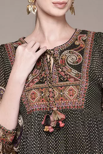 Olive printed chinon dress