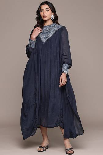 Blue embroidered chinon dress