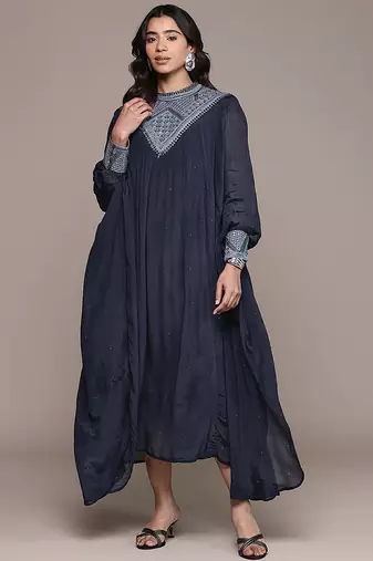 Blue embroidered chinon dress