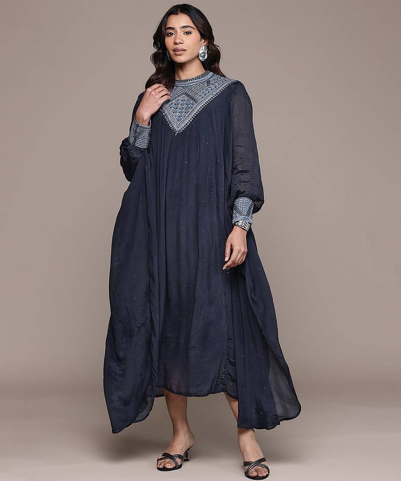 Blue embroidered chinon dress
