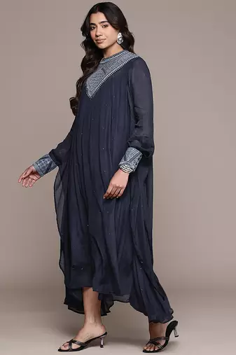 Blue embroidered chinon dress