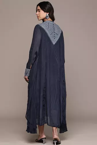 Blue embroidered chinon dress
