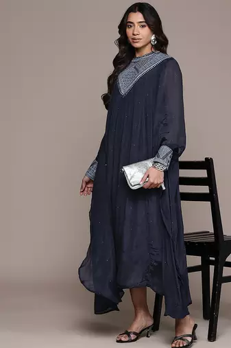 Blue embroidered chinon dress