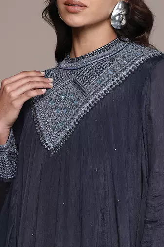 Blue embroidered chinon dress