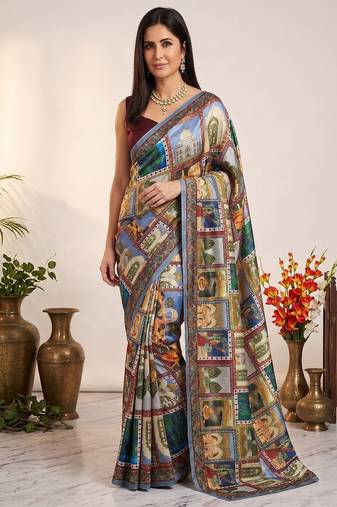 Elegant multicolor scenic print saree with designer border