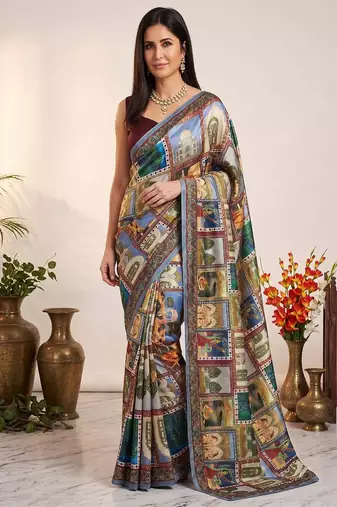 Elegant multicolor scenic print saree with designer border